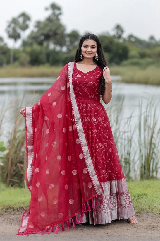 Pinkish Red Organza Maxi Dress With Dupatta Chic Summer Floral Maxi Dress