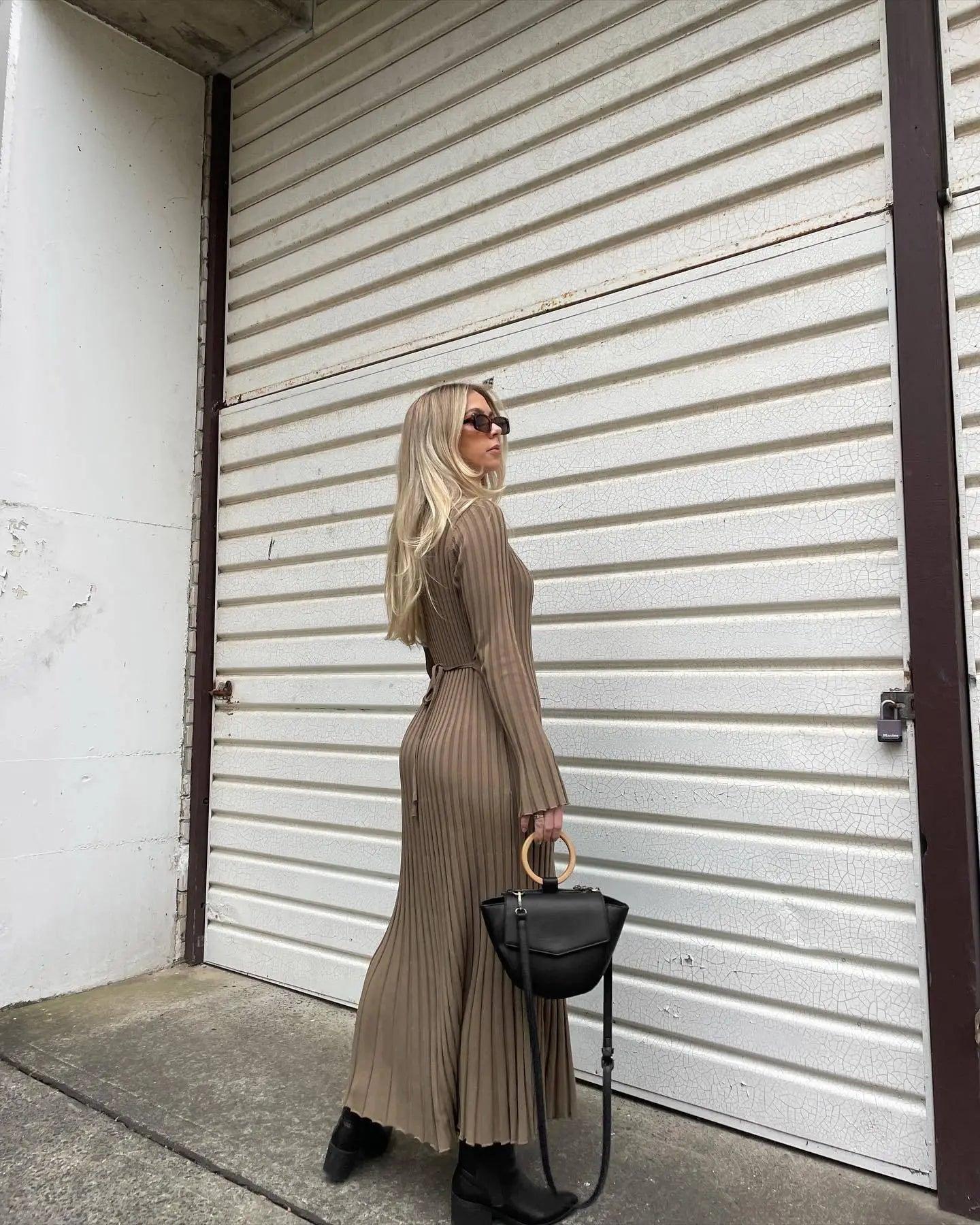 Pleated Long Sleeve Maxi Dress Elegant Silk Maxi Dress