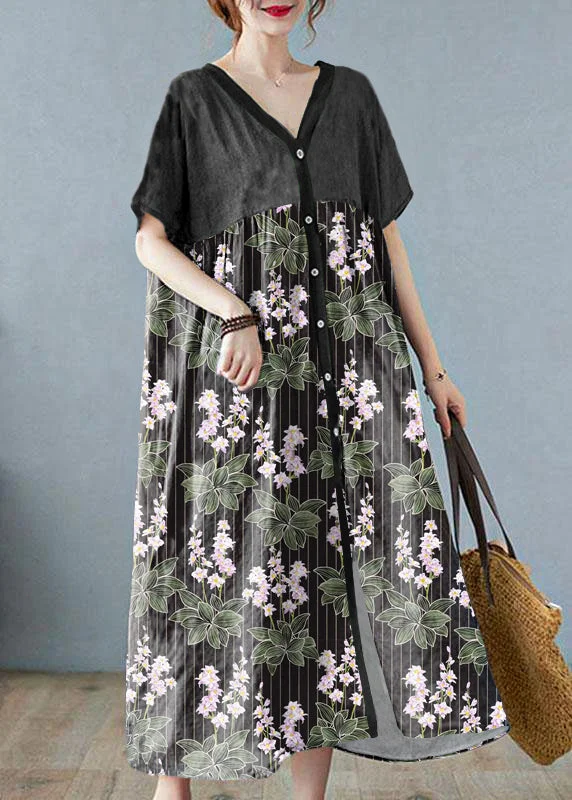 Plus Size Black flower Retro Button Summer Print Half Sleeve Maxi Dress Trendy Off-Shoulder Ruffle Maxi Dress