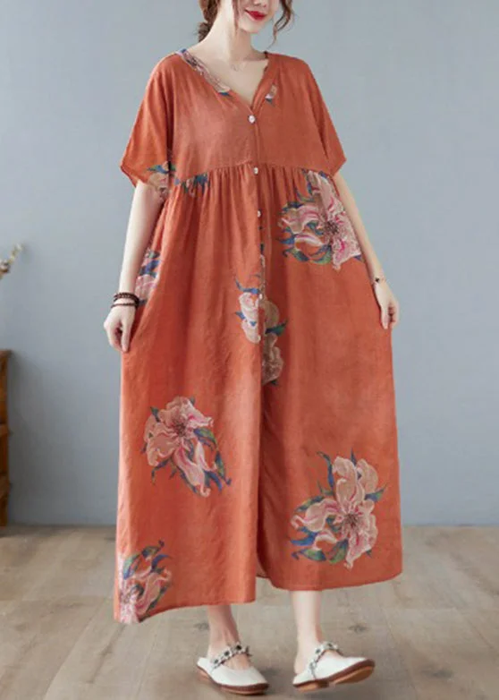 Plus Size Orange V Neck Maxi Dress Short Sleeve Comfortable Bohemian Maxi Dress