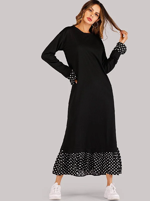 Polka Dot Trim Pephem Combo Maxi Dress Stylish Boho Chic Maxi Dress