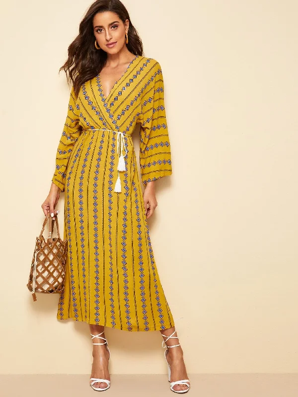 Print Plunging Neck Tie Front Maxi Dress Trendy Button Front Maxi Dress