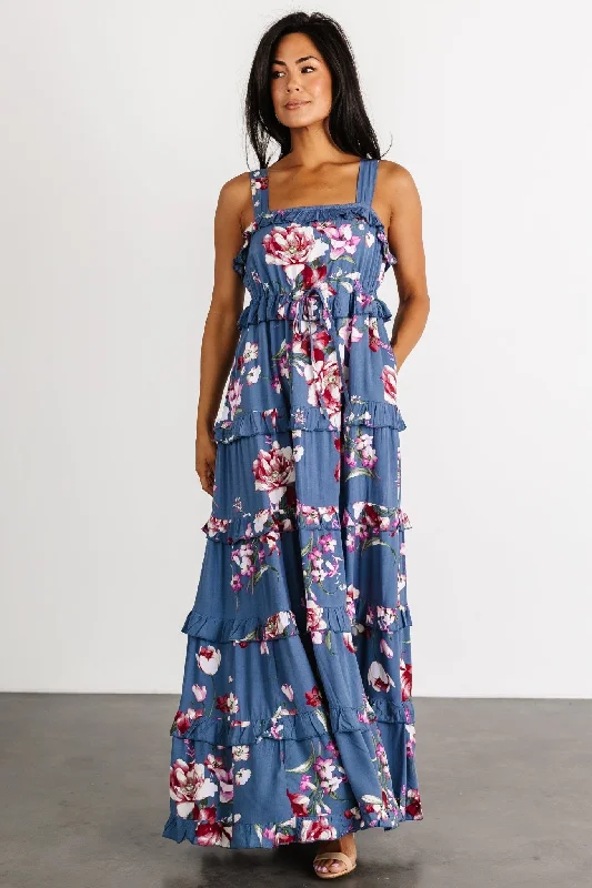 Raine Tank Maxi Dress | Blue Floral Trendy Off-Shoulder Ruffle Maxi Dress