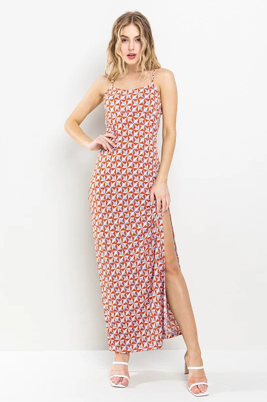 RED GEOMETRIC PRINT SIDE SLIT MAXI DRESS DY51116 Trendy Maxi Dress with Bow