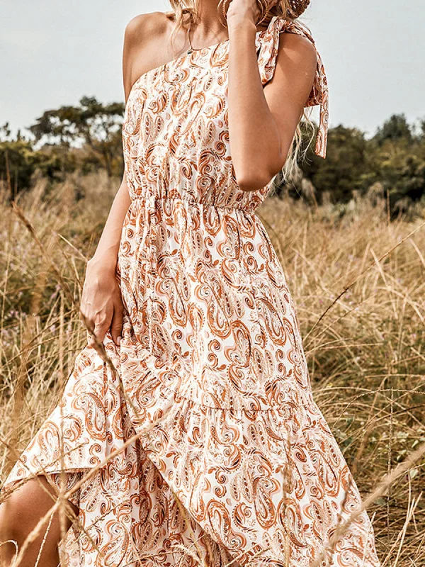 'Ruby' Tied Single Shoulder Paisley Maxi Dress Stylish Button-Up Maxi Dress