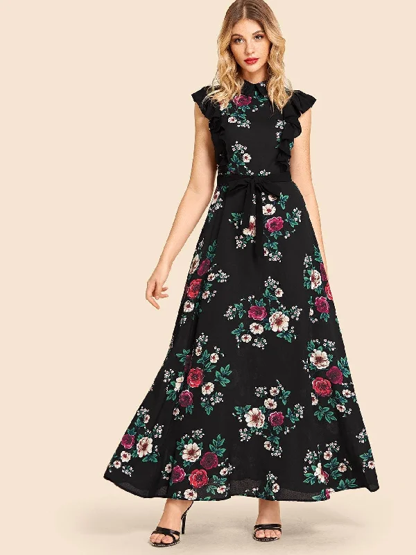 Ruffle Trim Tie Waist Floral Maxi Dress Chic Boho Print Maxi Dress