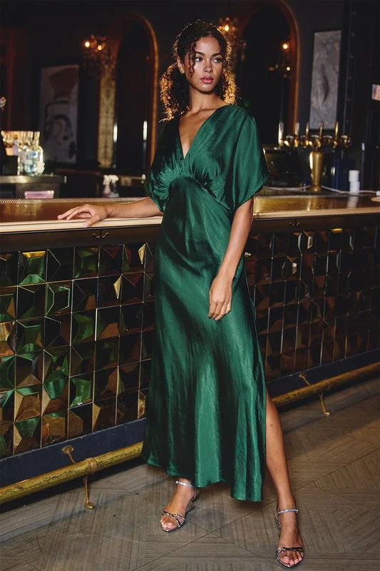 Satin Blouson Maxi Dress - Dark Emerald Comfortable Fitted Maxi Dress