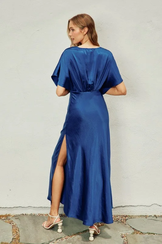 Satin Blouson Maxi Dress - Navy Peony Fashionable Halter Neck Maxi Dress