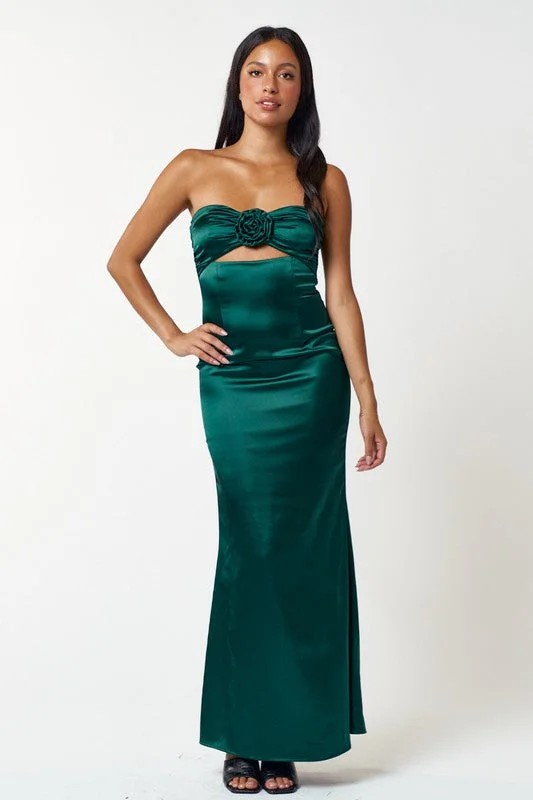 Satin Rosette Tube Maxi Dress Cozy Open-Back Maxi Dress