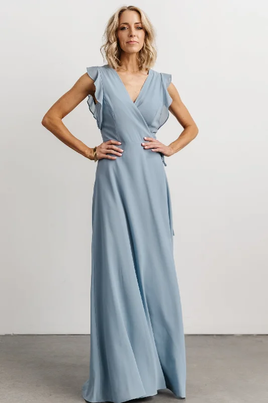 Saya Wrap Maxi Dress | Dusty Blue Stylish Long Sleeve Maxi Dress