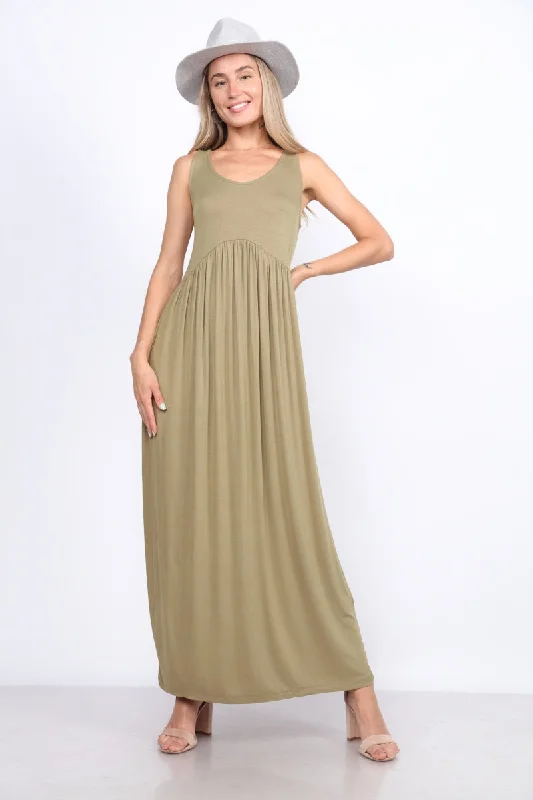 MOSS OLIVE PINTUCKED WAIST MAXI DRESS D5735 Trendy Button Front Maxi Dress