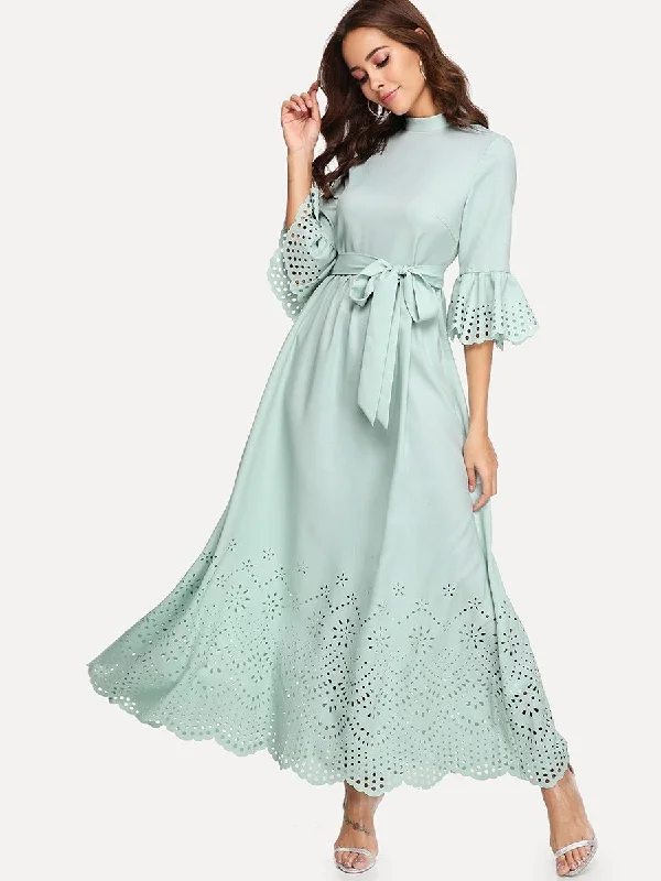 Scalloped Laser Cut Self Belted Maxi Dress Elegant Maxi Dress with Ruffles