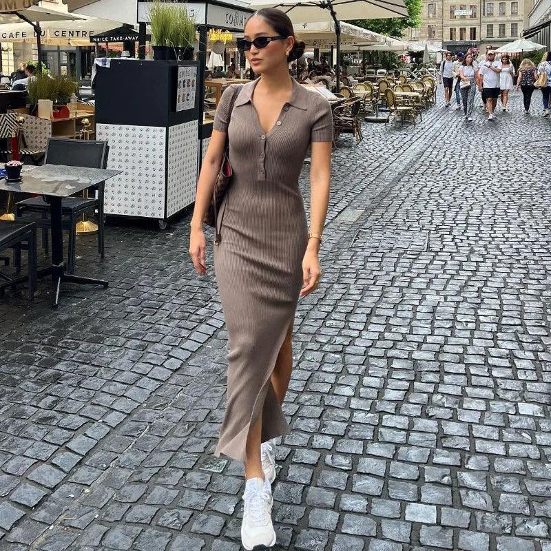 Short Sleeve Autumn Button-up Collar Maxi Dress Fashionable Maxi Dress with Fringe