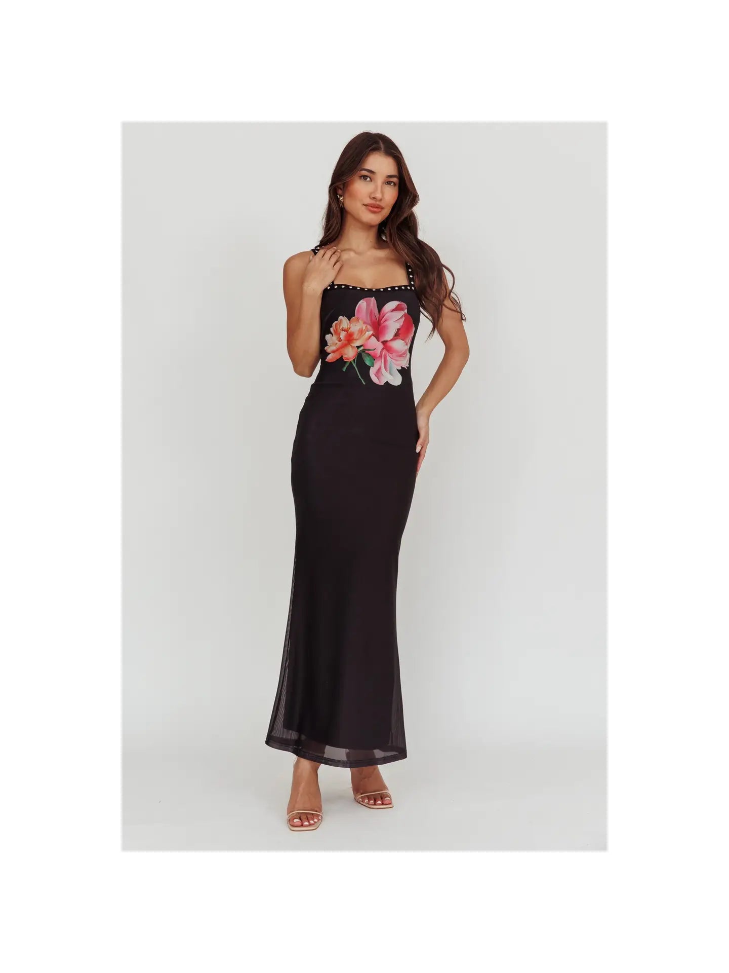 Sleeveless Floral Print Stud Detail Maxi Dress Fashionable Layered Maxi Dress