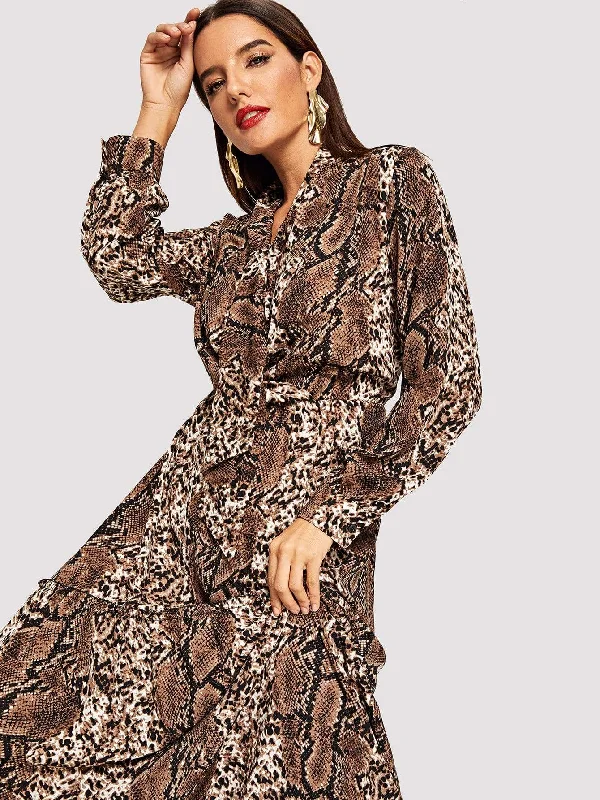 Snakeskin Print Tie Neck Maxi Dress Fashionable Sleeveless Maxi Dress