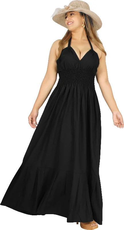 Solid Black Halter Neck Long Maxi Dress Comfortable Maxi Dress with Slits