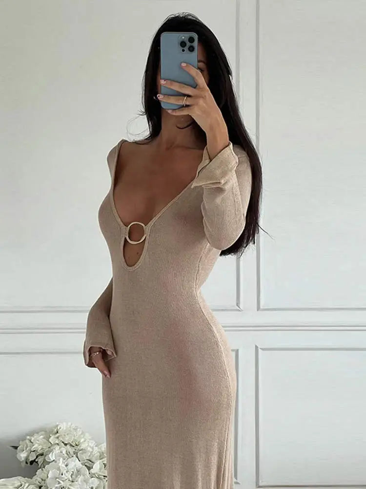 A&A Deep V Neck Long Sleeve Backless Knitted Maxi Dress Cozy Knitted Maxi Dress