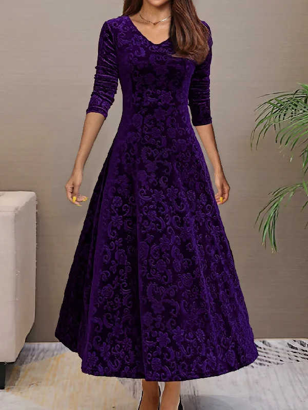 Solid Stylish V-Neck Flared Long Sleeve Maxi Dress Trendy Button Front Maxi Dress