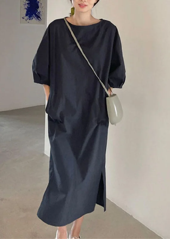 Stylish Navy O Neck Patchwork Linen Maxi Dress Summer Elegant Pleated Maxi Dress