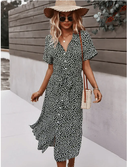 Summer Button-Up Maxi Dress Comfortable Fit-and-Flare Maxi Dress