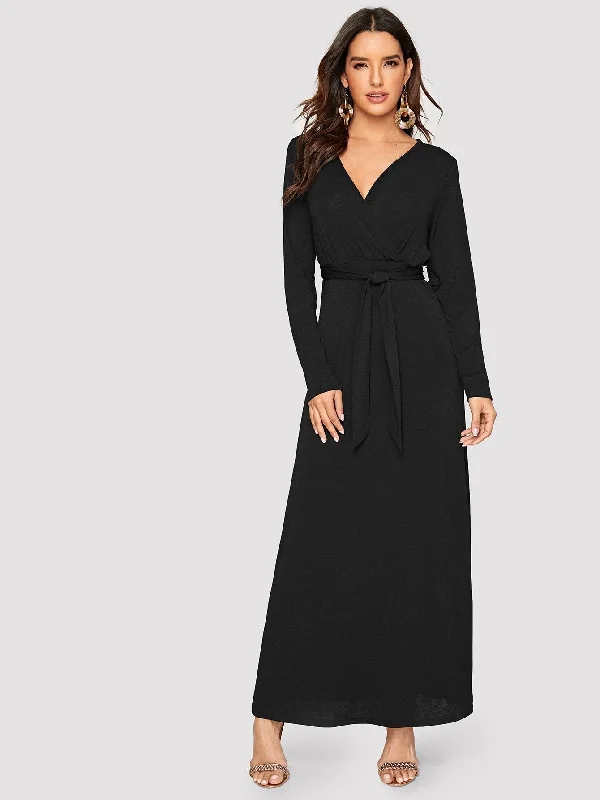 Surplice Neck Self Belted Maxi Dress Elegant Lace-Up Maxi Dress