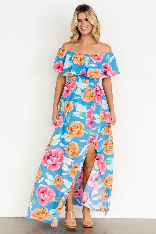 Talia Off Shoulder Maxi Dress | Sea Blue Floral Fashionable Layered Maxi Dress