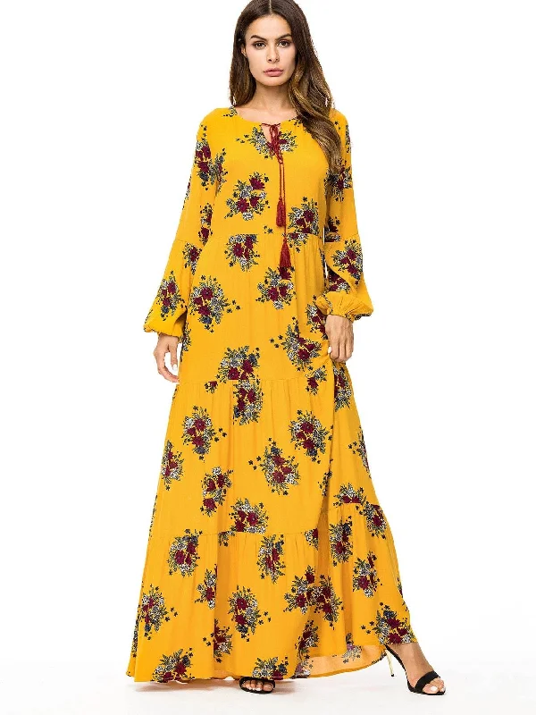 Tassel Tie Floral Tiered Maxi Dress Comfortable Fit-and-Flare Maxi Dress