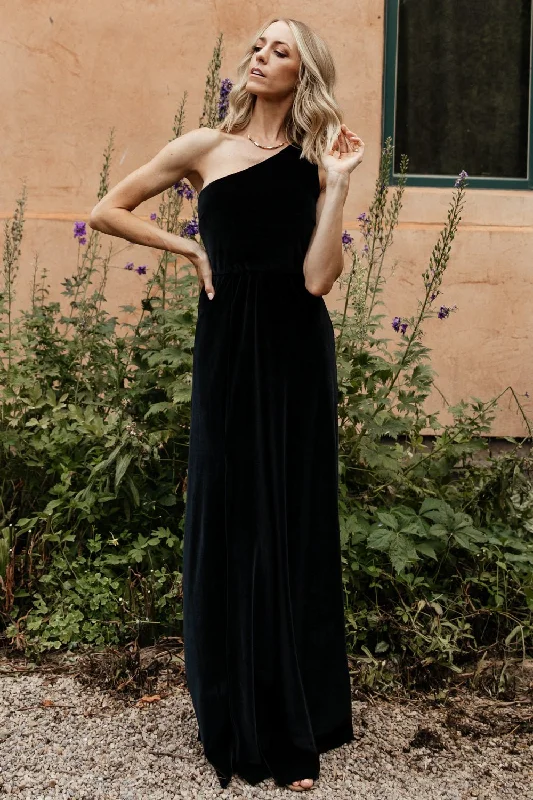 Tatiana Velvet One Shoulder Maxi Dress | Black Stylish One-Shoulder Maxi Dress