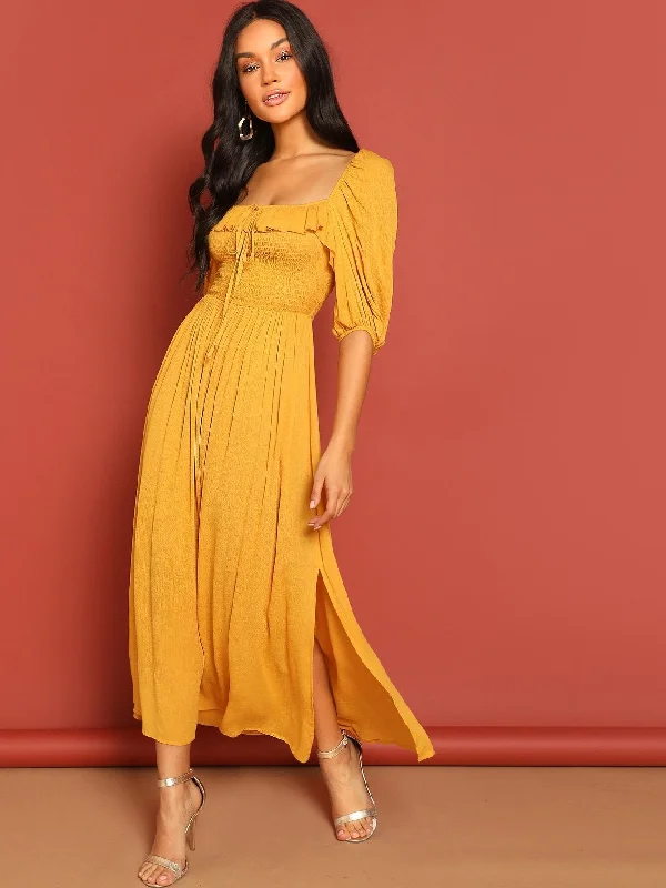 Tied Ruffle Neck Smocked Split Maxi Dress Elegant Sleeveless Maxi Dress