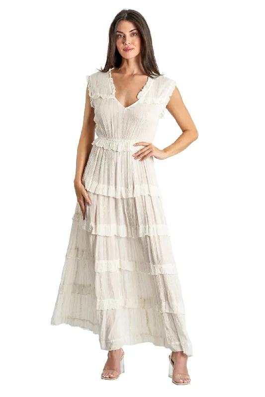Tiered Maxi Dress in White Comfortable Pleated Maxi Dress