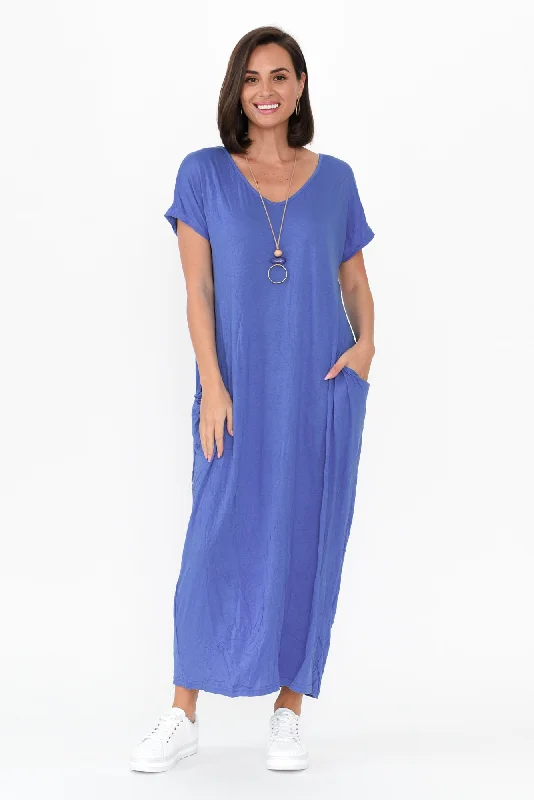 Travel Cobalt Crinkle Cotton Maxi Dress Elegant Pleated Maxi Dress