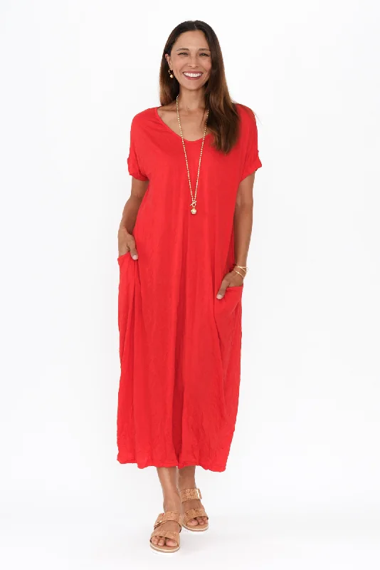 Travel Red Crinkle Cotton Maxi Dress Classic V-Neck Maxi Dress