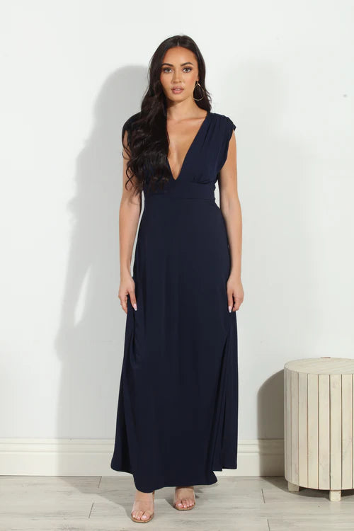 V Maxi Dress - Navy Classic V-Neck Maxi Dress