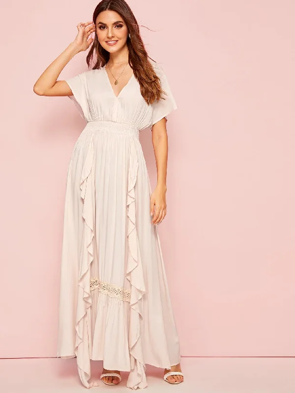V Neck Ruffle Trim Lace Insert Maxi Dress Chic Summer Maxi Dress