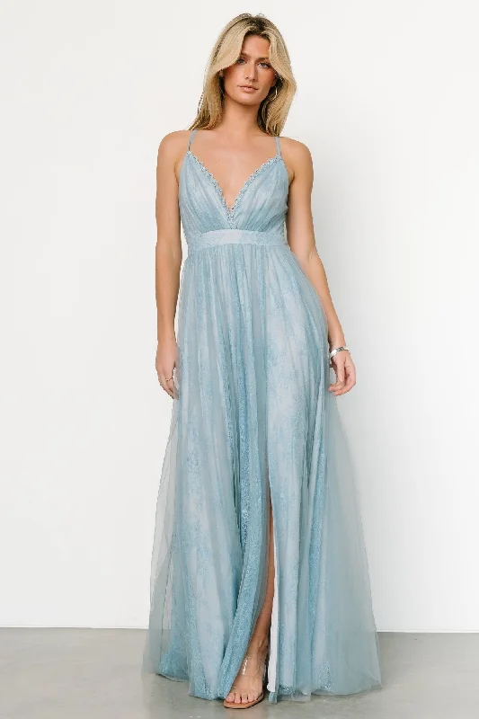 Vasia Lace Tulle Maxi Dress | Soft Blue Comfortable Ruffle Hem Maxi Dress