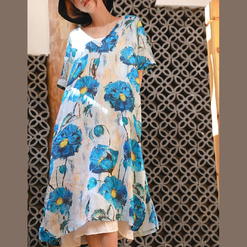 vintage blue white print linen maxi dress Loose fitting V neck linen gown fine half sleeve baggy dresses Comfortable Long-Sleeve Maxi Dress vintage blue white print linen maxi dress Loose fitting V neck linen gown fine half sleeve baggy dresses Comfortable Long-Sleeve Maxi Dress