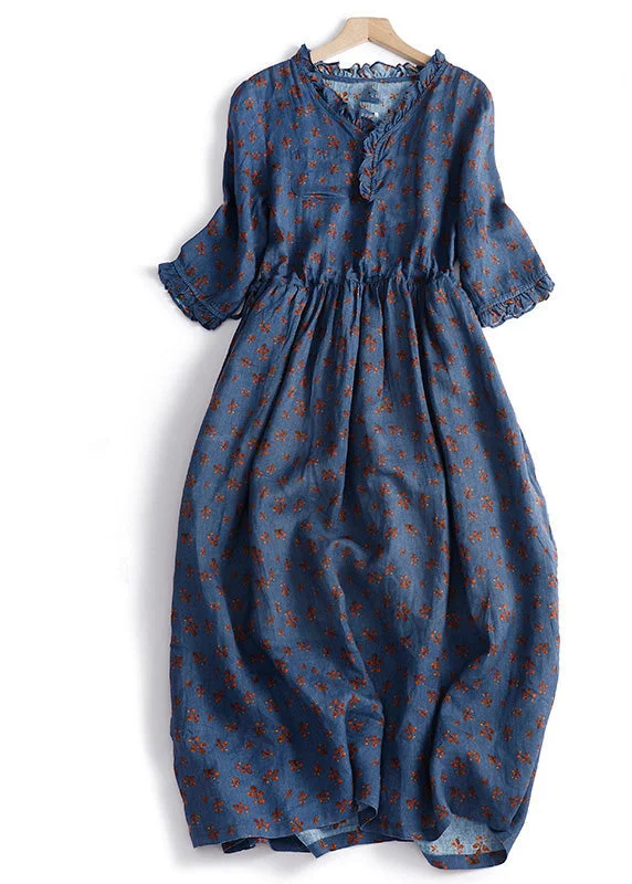 Vintage Navy Blue Ruffled Patchwork Print Drawstring Maxi Dresses Short Sleeve Comfortable Fitted Maxi Dress Vintage Navy Blue Ruffled Patchwork Print Drawstring Maxi Dresses Short Sleeve Comfortable Fitted Maxi Dress