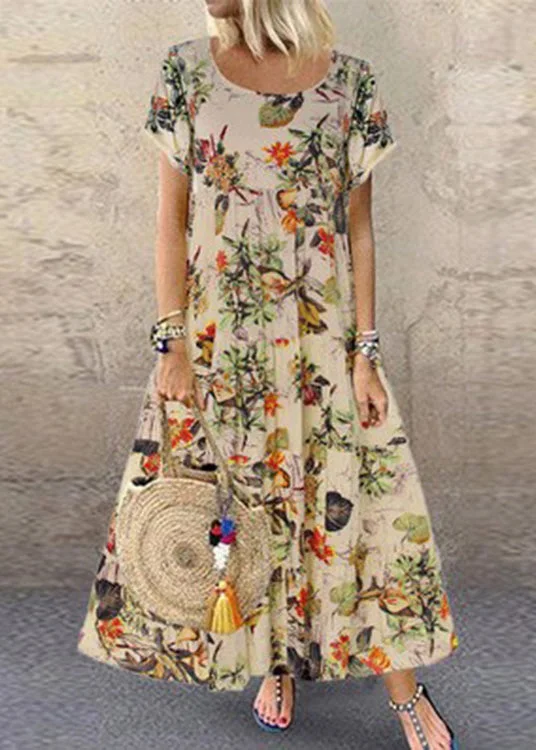Vintage Orange O-Neck Print Patchwork Maxi Dress Short Sleeve Fashionable High-Waist Maxi Dress