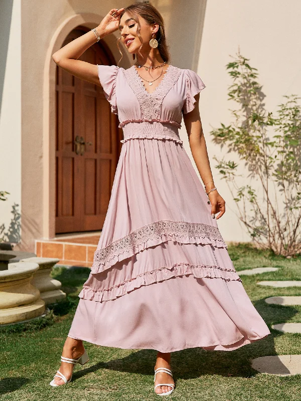 'Vivi' V-neck Crochet Lace Maxi Dress Classic Black Maxi Dress