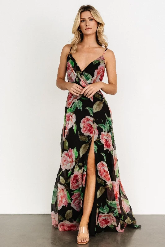 Vivienne Maxi Dress | Black Rose Floral Trendy Floral Print Maxi Dress