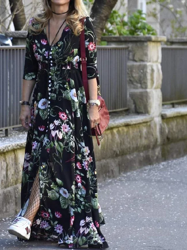 Waist Button Through Floral Maxi Dress Comfortable Plunging Neckline Maxi Dress