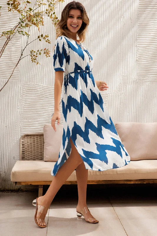 Wavy Print V-Neck Drawstring Belt Maxi Dress Trendy Maxi Dress with Belt