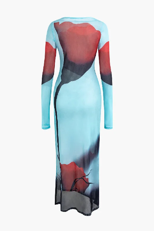A&A Rose Print Mesh Maxi Dress Fashionable High-Low Maxi Dress