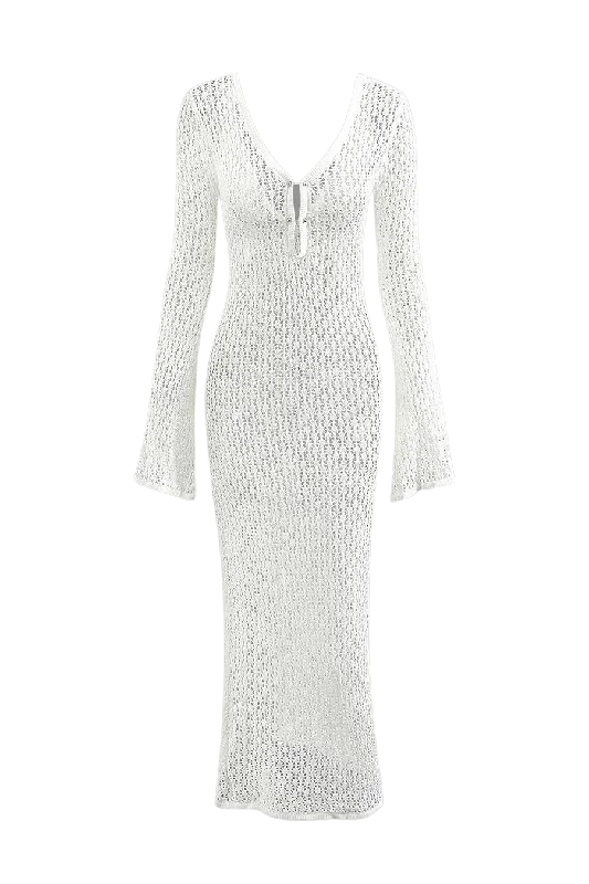 A&A V neck Flare Long sleeved Knitted Maxi Dress Elegant Maxi Dress with Drapes