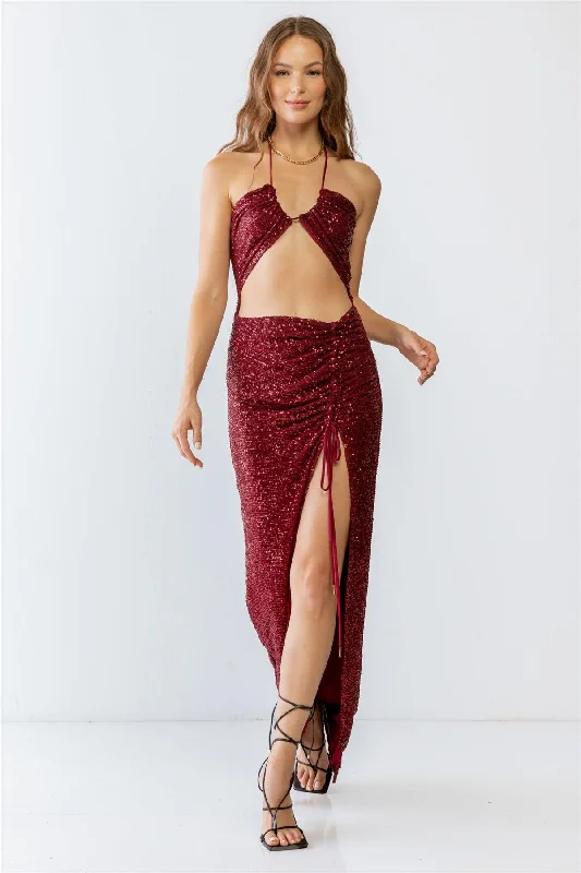 Sequin Halter Neck Sleeveless Cut-Out Ruched Detail Maxi Dress Trendy Button Front Maxi Dress Sequin Halter Neck Sleeveless Cut-Out Ruched Detail Maxi Dress Trendy Button Front Maxi Dress