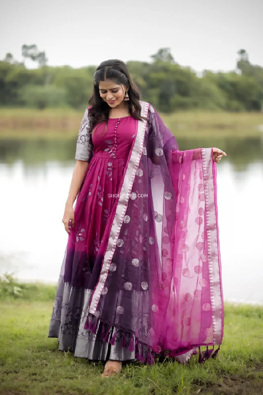 Wine and Grape Wine Organza Maxi dress With Dupatta Fashionable Printed Maxi Dress