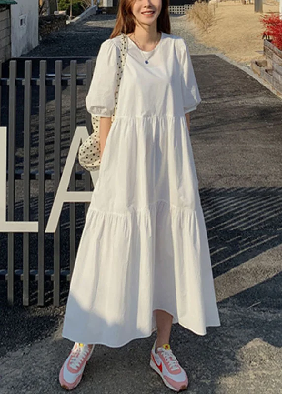 Women Cotton Solid Color Puff Sleeve Pleated Simple Maxi Dresses With Pocket Comfortable Maxi Dress with Belt