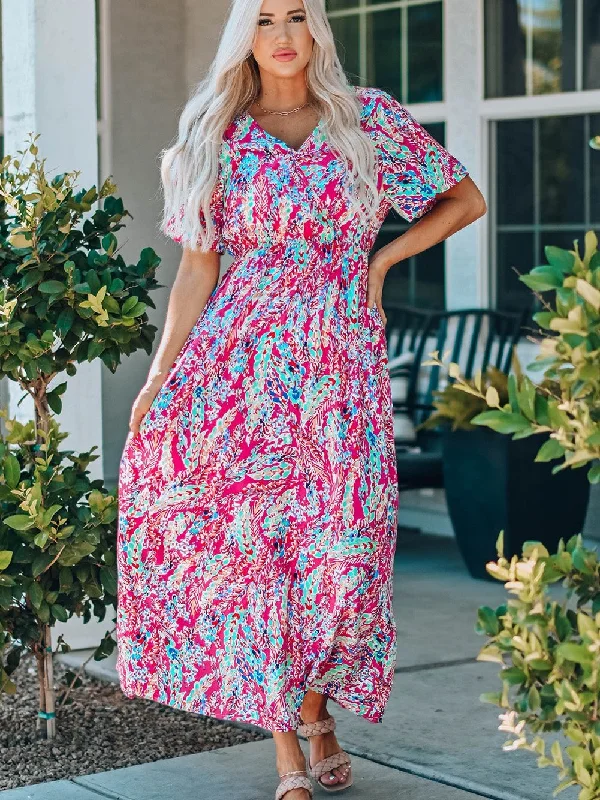 Vintage Print Puff Sleeve Maxi Dress Cozy Knit Maxi Dress