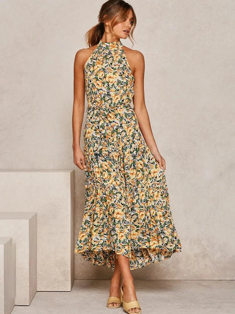 Yellow Flower Halter Neck Maxi Dress Fashionable Open-Back Maxi Dress
