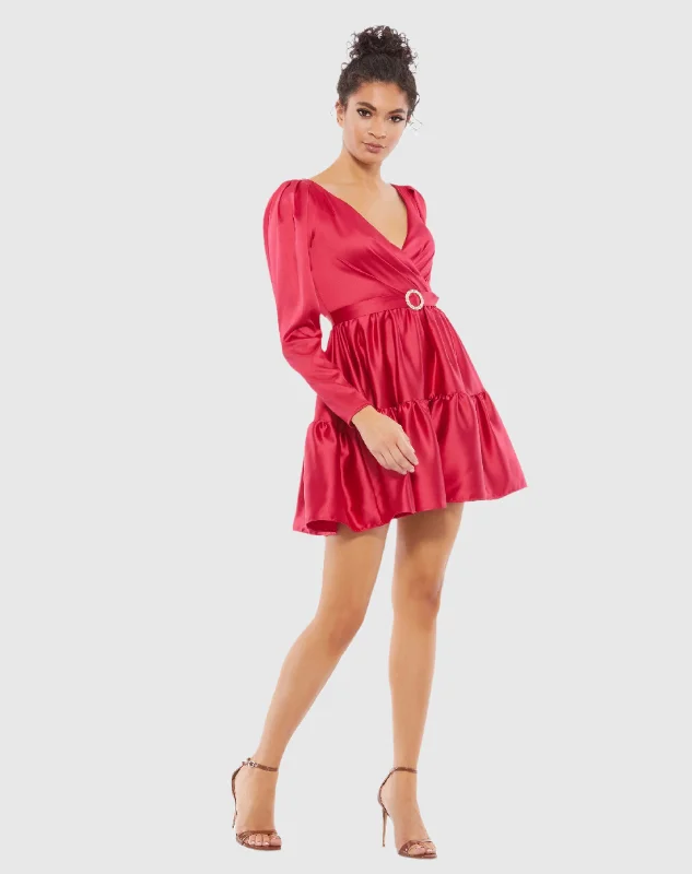 Tiered V-Neck Belted Mini Dress Trendy Cut-Out Mini Dress